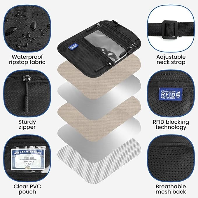 2-Pack RFID Blocking Passport Holder for Travel – Hidden Neck Wallet with Phone Pocket, Lightweight Under-Clothing Pouch Fits 7-inch phone & 2 Passports, Anti-Theft Organizer (Black & Light Gray)