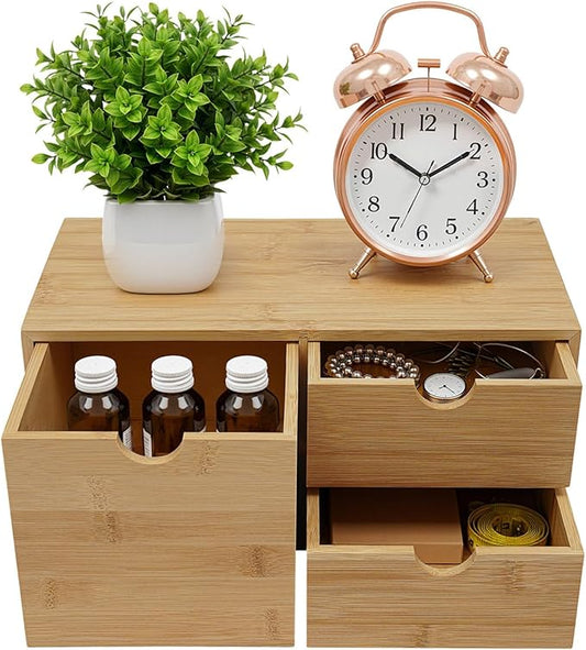 Bamboo Desk Organizer 3 Drawers Tabletop Storage Organization Box, No Assembly Needed for Home Office Storage, 12.99 * 7.48 * 6.3in (1 left & 2 right)