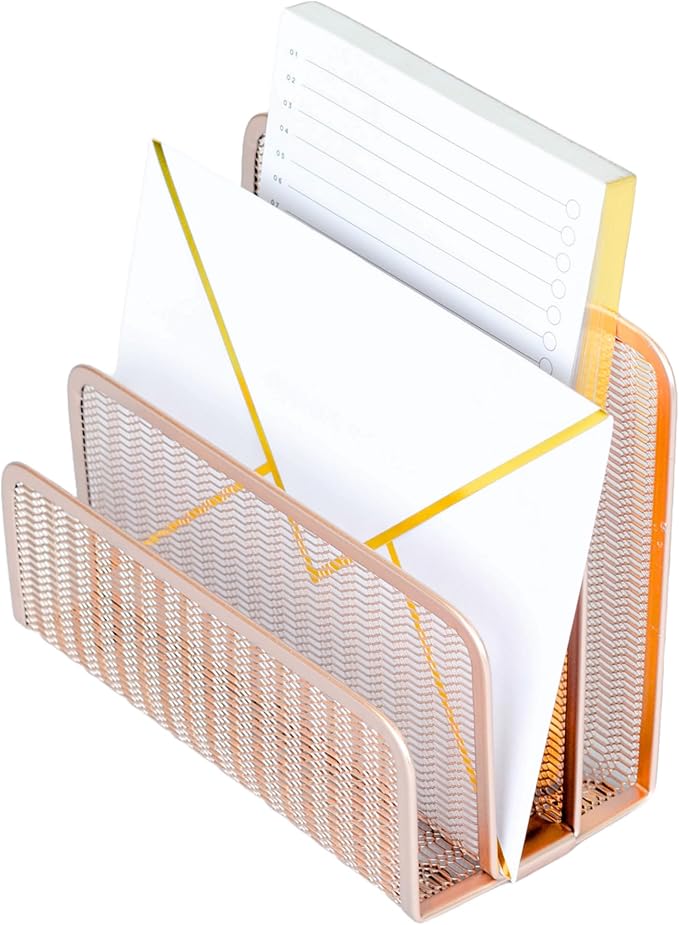 BLU MONACO Rose Gold Metal Mesh Letter Sorter | 3-Slot Vertical Mail Organizer for Desk, Office and Home | Compact Mail Holder for Envelopes, Documents and Files | Modern Desktop Organizer