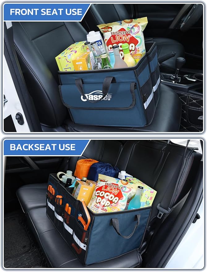 Oasser Car Trunk Organizer Collapsible Multi Compartments Trunk Organizer for SUV with Foldable Cover Reflective Strip