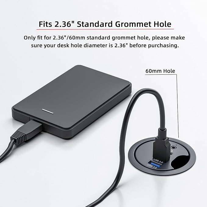 USB 3.0 Hub Sound Card USB-C 2 Port USB 60mm Desk Grommet Splitter Dock Station Headphone Mic Audio Interface for Desktop PC Desk