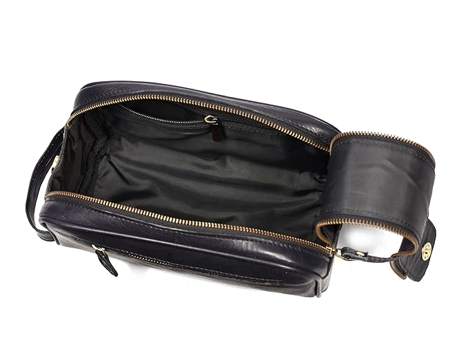 10" Premium Leather Toiletry Travel Pouch With Waterproof Lining | King-Size Handcrafted Vintage Dopp Kit By Aaron Leather Goods (Carob)