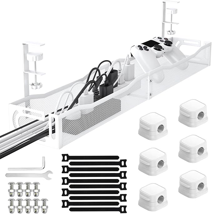 No Drill Under Desk Cable Management Tray, SONATURE 25.3" Cord Organizer for Table, Clamp Mount Desk Cable Management, Premium Carbon Steel Cable Organizer for Office, Home (White)