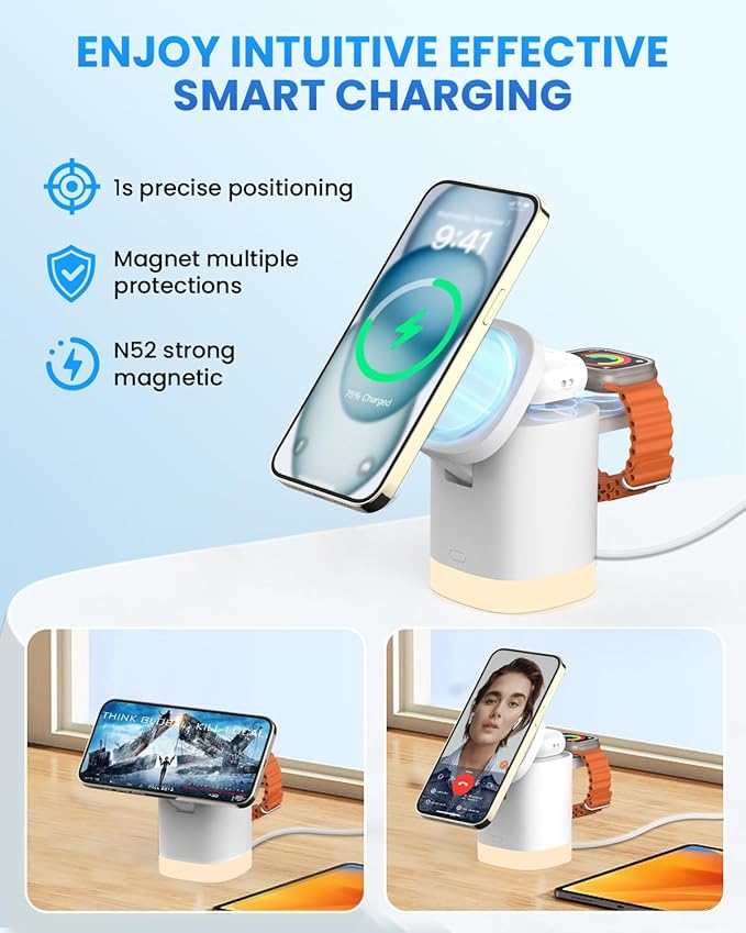 Wireless Charging Station for iPhone Mag-Safe: JoyGeek 3-in-1 Foldable Charger Phone Stand Charger for iPhone 16/15/14/13/12 Pro/Max/Plus - for AirPods - for Apple Watch 2-10/Ultra