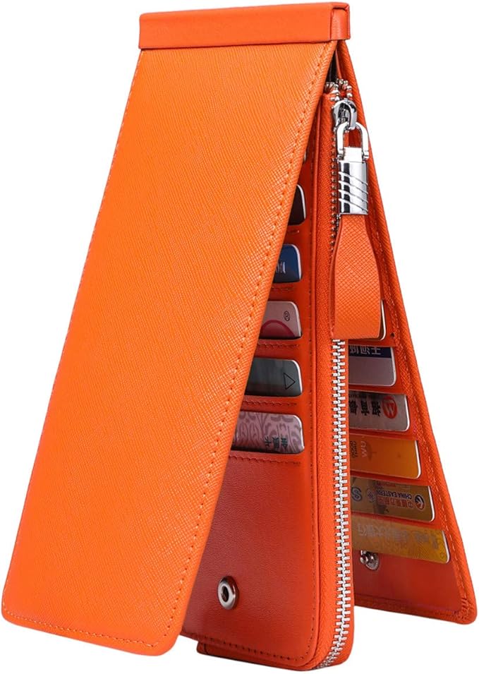 Women's Genuine Leather Credit Card Holder RFID Long Zipper Purse Wallet