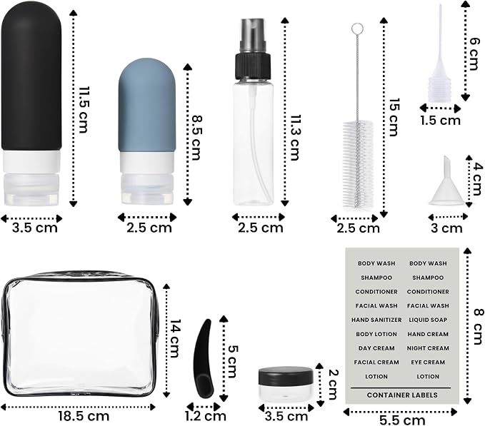 Laxen 16 Pack Travel Bottles Set with Clear Toiletry Bag TSA/CAA Approved Leakproof Silicone Refillable Travel Bottles for Toiletries & Accessories for Shampoo, Lotion and Creams (Black)