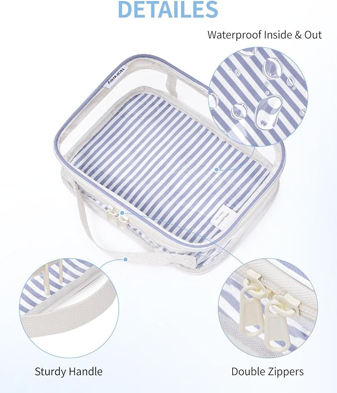 Narwey TSA Approved Clear Toiletry Bag for Travel, Waterproof PVC Clear Makeup Bags, Portable Compact Cosmetic Bag Make Up Organizer, Airport Airline Quart Size Compliant Bag (Greyish Blue Stripe)