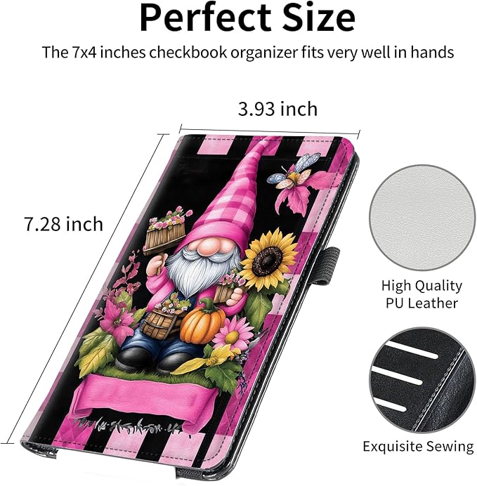 FUYOCWE Checkbook Covers for Personal Checkbook,RFID Blocking Leather Check Book Covers Wallet with Pen Holder & Card Slot for Women Men -Pink Gnome Halloween