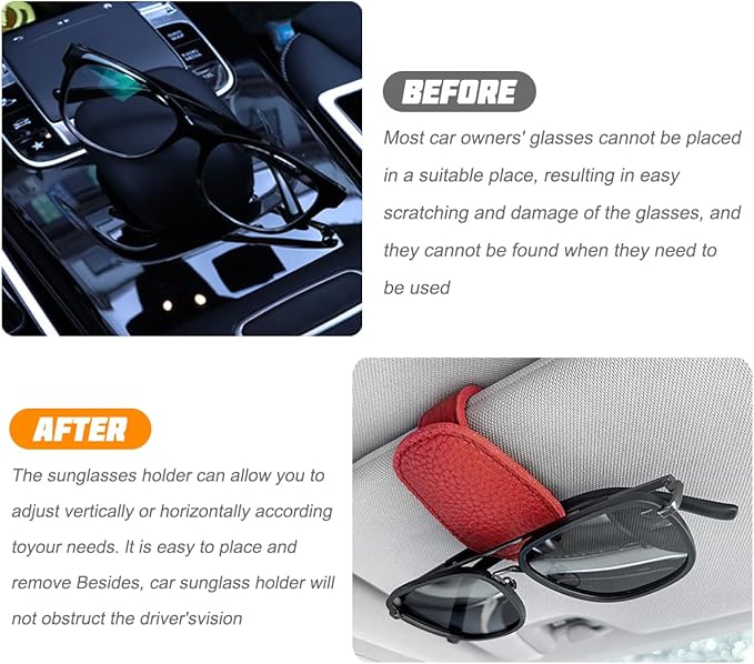 zipelo Sunglasses Holders for Car Sun Visor, 2PCS Magnetic Leather Vehicle Glasses Hanger Clip for Ticket Card, Auto Interior Eyeglass Organizer Accessories, Universal for SUV Sedan Truck (Red)
