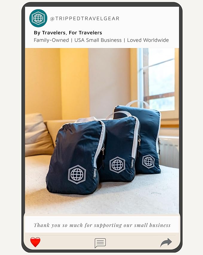 Compression Packing Cubes for Travel, 6-Piece Lightweight Packing Cubes Set for Carry-On Luggage & Backpacks – TRIPPED Travel Gear (Navy Blue and White)