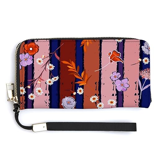 Unisex Zip Around Wallet for Adults Teens Vintage Flowers On Candy Colorful Stripe Coin Pouch Cash Pocket PU Leather Wallets Card Holder Organizer Designer Purse with Wristlet Strap