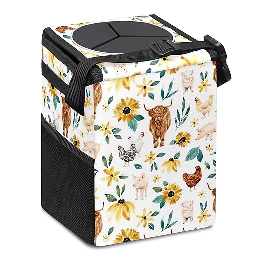 Car Trash Can with Lid Boho Floral Highland Cow Pig Collapsible Reusable Leak-Proof Auto Garage Bag,Hanging Vehicle Car Accessories Interior Car Organizer