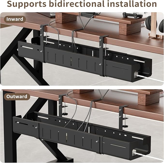 Under Desk Cable Management Tray, Expandable 25.6"–42.5" Heavy Duty Carbon Steel with Clamp, Hidden Cord Organizer for Desk, Home Office & Standing Desk, No Drill Installation, Black