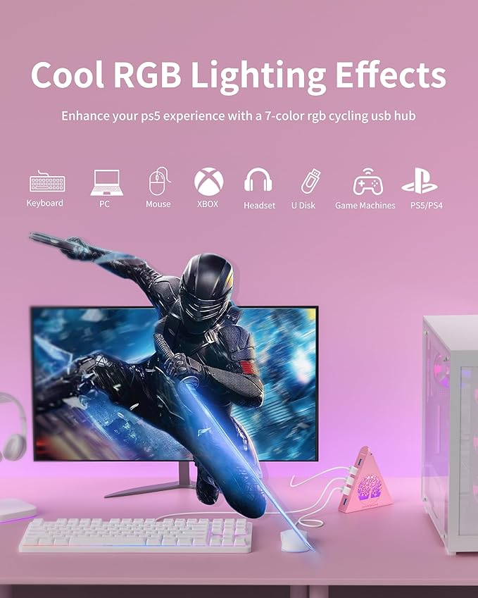 7-Port USB 3.0 Hub, RGB USB Hub with RGB Tree Light and 2ft Cable, USB Hub 3.0 Pink USB Expander for Laptop, PC, Flash Drive, HDD, Console, Printer, Keyboard, Mouse (Pink)