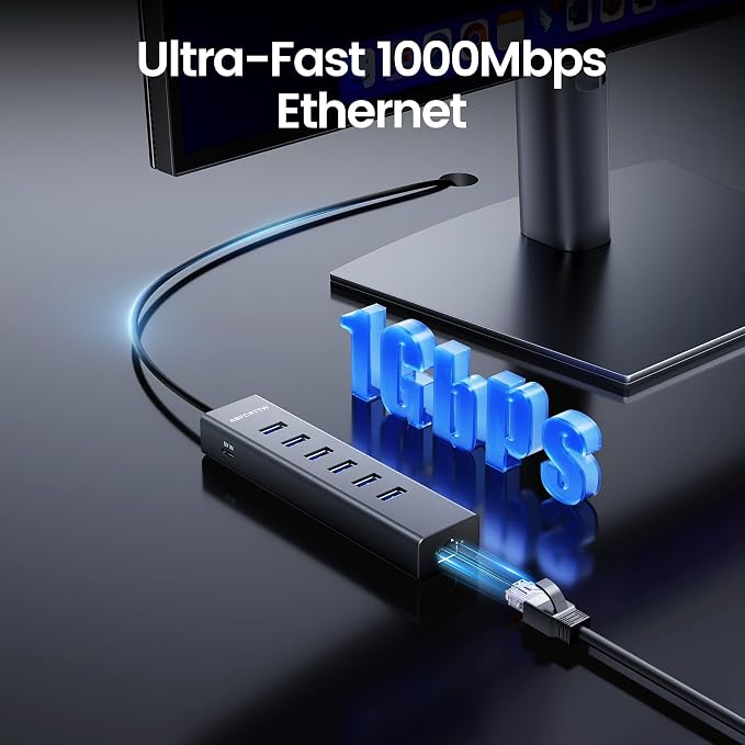 4FT USB to Ethernet Adapter, 7-in-1 USB Hub 3.0 Multiport Adapter with Ethernet 1Gbps & 6 USB 3.0 Port, USB Ethernet Adapter for Desktop, Laptop, MacBook, XPS Windows