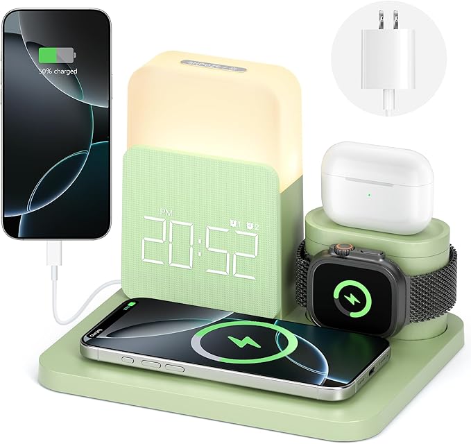 7 in 1 Charging Station for iPhone, Wireless Charging Station, Alarm Clock, Night Light, Wireless Charger for iPhone 17 16 15 14 13 12 Pro Max & Apple Watch - Charging Stand Dock for AirPods(Green)
