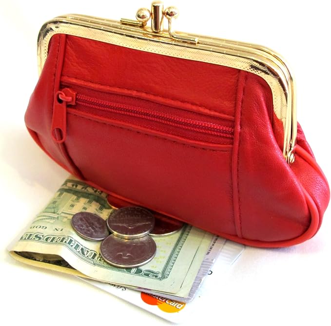Womens Leather Mini Wallet ID Credit Cards Cash Coin Holder Case Organizer Purse with Framed & Zipper Closures - RED, (COIN03-RED)