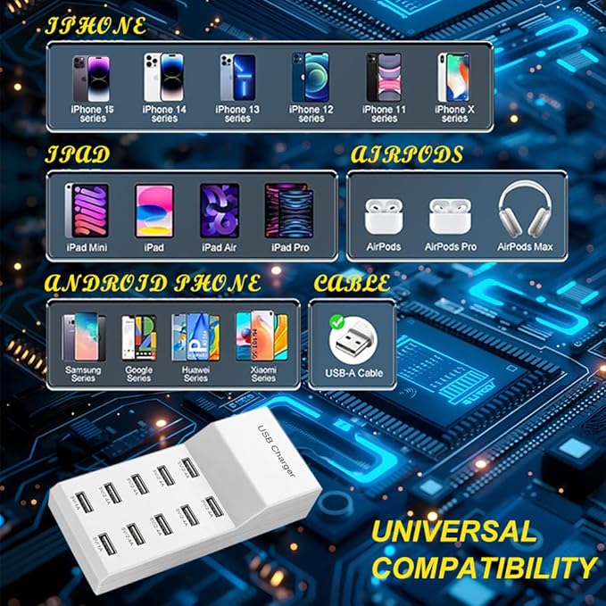 USB 10 Port Desktop Portable Charging Station, Suitable for Charging Multiple Devices simultaneously, Super Compatible with Mobile Phones, Tablets, Bluetooth Earphones, and Other USB Charging Devices