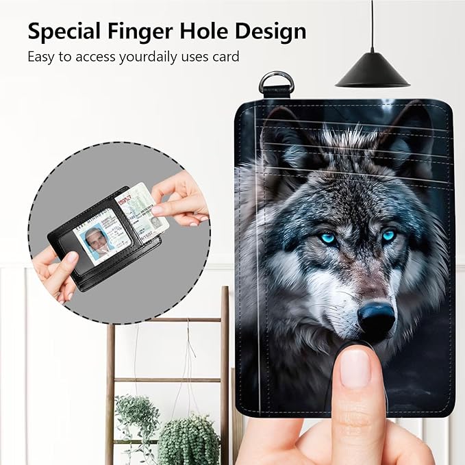 Slim RFID Blocking Card Holder Wallet with Wrist Strap - Minimalist Front Pocket Wallet, Wolf's Gaze Design, PU Leathe, for Men & Women, Ideal for Travel & Gifts