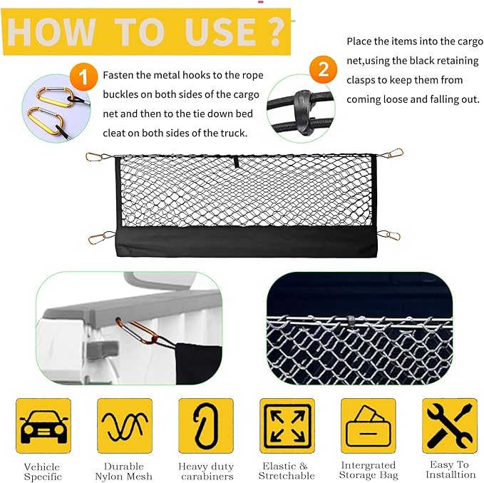 Envelope Style Truck Cargo Net Compatible with 2017-2025 Honda Ridgeline Accessories, Heavy Duty Carabiners Highly Elastic Truck Bed Mesh Cargo Net