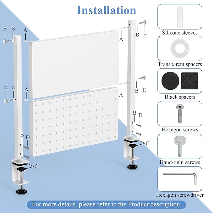 Jumyee Metal Clamp On Desk Shelf with 2-Tier Storage, 270° Flip Magnetic Clamp On Pegboard Organizer with 6 Hooks, Desktop Organizer White Desk Shelf for Home Office Gaming Accessories(White)