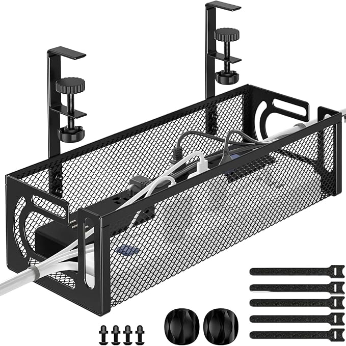 No-Drill Under Desk Cable Management Tray - Tool-Free Installation with Dual Silicone Pads | No Adhesive, No Magnets, No Residue | Heavy-Duty Steel Construction for Wood & Glass Desktops (Black)