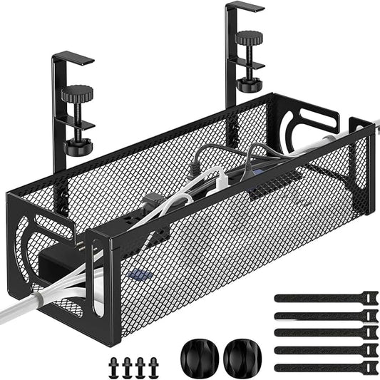 No-Drill Under Desk Cable Management Tray - Tool-Free Installation with Dual Silicone Pads | No Adhesive, No Magnets, No Residue | Heavy-Duty Steel Construction for Wood & Glass Desktops (Black)