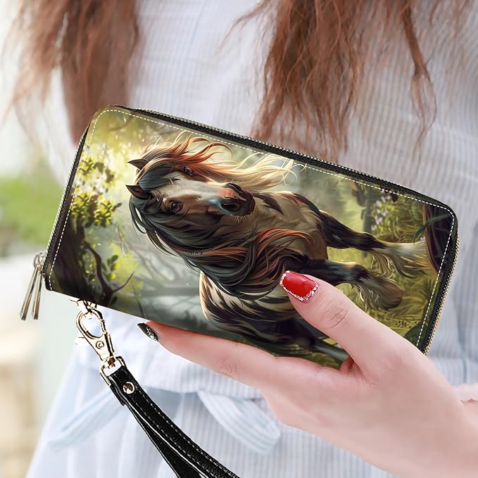 Women's Large Capacity Wallet PU Leather Double Zipper Clutch Purse Multifunctional Wallet with Removable Wristlet Strap for Smart Phone/Coin/Card/Cash, Horse