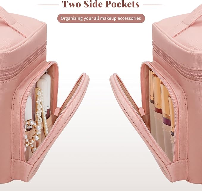 Bagmoly Large Makeup Bag, Portable Travel Makeup Bag Organizer for Women Girls with Makeup Brush Compartment & Two Side Pockets, Cosmetic Travel Bag Vertical Storage Toiletry - Pink