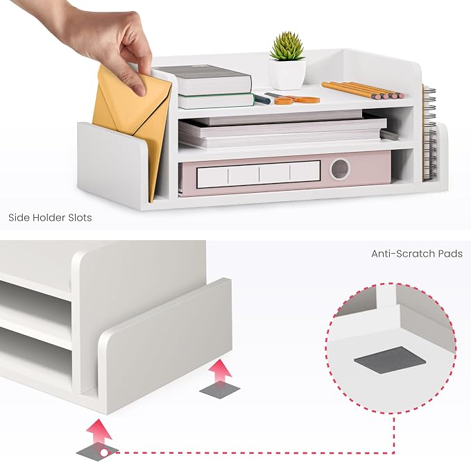 Ballucci 3-Tier Desk Organizer with 2 Side Mail Sorter Slots, Wood Letter Tray, Open Top Paper Organizer, Desktop File Organizer, White
