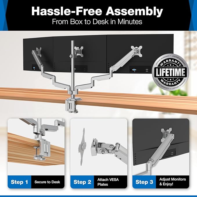 Mount-It! Triple Monitor Mount with Gas Spring Arms, Fits 24??2 Inch Screens, USB & Audio Ports, Full Motion Desk Stand with Tilt, Swivel & Rotation, Heavy Duty Silver 3 Screen Arm with Clamp