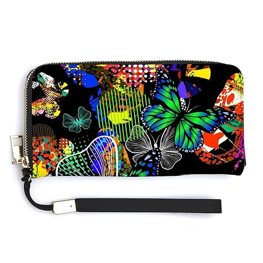 Unisex Zip Around Wallet for Adults Teens Abstract Ink Stains with Butterflies Coin Pouch Cash Pocket PU Leather Wallets Card Holder Organizer Designer Purse with Wristlet Strap