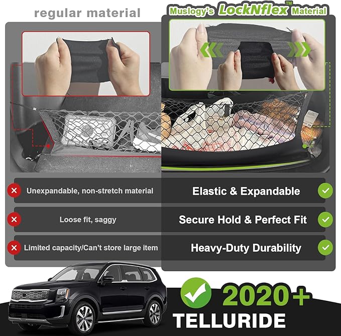 Muslogy Trunk Cargo Net Compatible with 2020-2025 2026 Kia Telluride Accessories, SUV Sedan Cargo Organizer Storage Net with Heavy Duty Carabiners