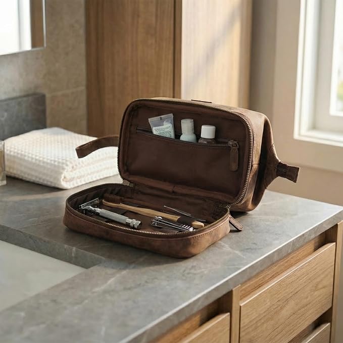 LEATHER VILLAGE Genuine Leather Dopp Kit – Large Travel Toiletry Bag with Waterproof Lining, Dual-Zip Design for Men & Women, Organizer for Shaving, Makeup & Essentials - Brown
