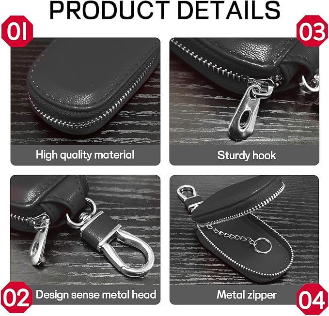 Car Key Case, Genuine Leather Auto Key Fob Protector, Universal Key Fob Cover Case with Metal Hook, Car Smart Keychain Holder for Remote Key Fob, Vehicle Keyring Zipper Bag (Black)