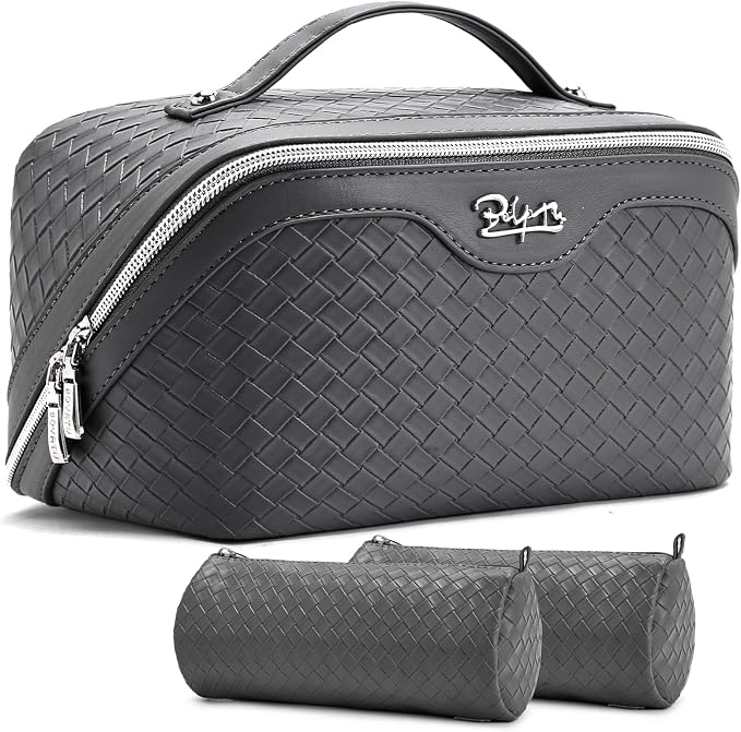 BOYATU Travel Makeup Bag Cosmetic Bags for Women: Large Capacity 3 Pcs Set Make up Bag with Compartments - Waterproof Vegan Leather Toiletry Organizer Bags with Handle (L07Grey)