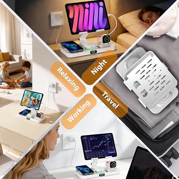 30W Charging Station for Apple Products, Foldable Wireless Charger with Clock Display&7 Color Light, Wired Charging for iPad/Tablet Charging Station for iPhone16, for Apple Watch10 for AirPods4(Cream
