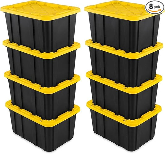 Sterilite 8-Pack 27 Gallon Industrial Storage Tote, Heavy-Duty Plastic Bins, Black/Yellow - Stackable Utility Organizers with Lids for Garage, Camping Tools, and Outdoor Gear