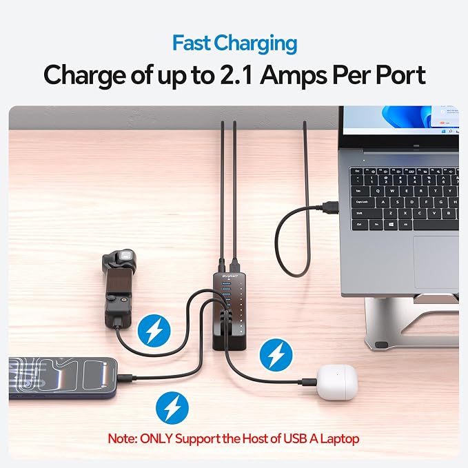 60W Powered USB 3.0 Hub 10-Port, 7 USB 3.0 Data Ports (5Gbps) + 3 Smart Charging Ports (BC1.2 2.4A), 60W Power Adapter Desktop USB Splitter for Laptop, PC, Mac, Mobile, HDD
