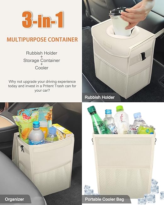 Pritent Car Trash Can with Lid, Cute Leakproof Car Trash Garbage Bag Hanging Vehicle Trash Bin Small Portable Automotive Garbage Cans Organizer for Back/Front Seat(4 Gallons,Beige)