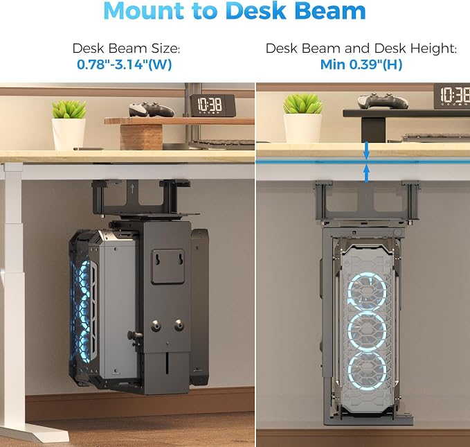 Suptek Clamp-on Desk or Desk Leg PC Mount,Adjustable Height and Width,CPU Under Desk Table Beam PC Mount Bracket Computer Tower Wall and Under Counter Holder