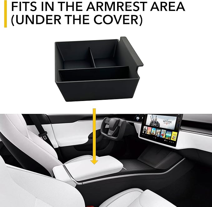 TWRAPS Center Console Organizer for Tesla Model X and Tesla Model S, Carbon Fiber Detail Armrest Storage Tray, Premium Faux Leather Inserts, Accessories Fit Model S/X 2021-2026 (Black)