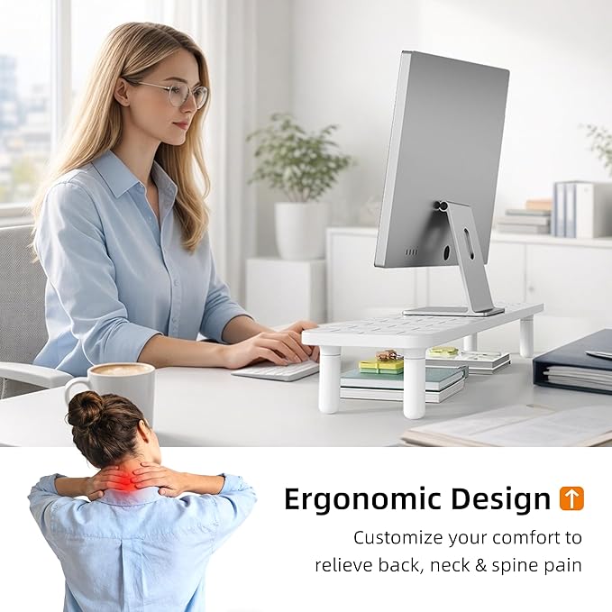AFOOYO Dual Monitor Stand For Desk,31 Inch Adjustable Wood Computer Riser Desktop Storage Stand For Computer,Laptop,Printer,TV,White Grid