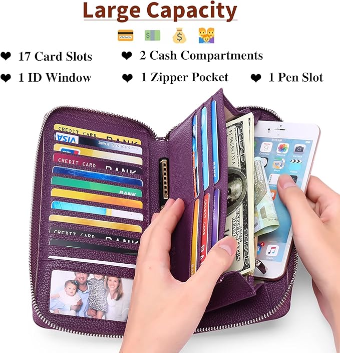 SENDEFN Leather Women's Wallets RFID Blocking Zip Around Large Capacity Long Credit Card Holder Wallet