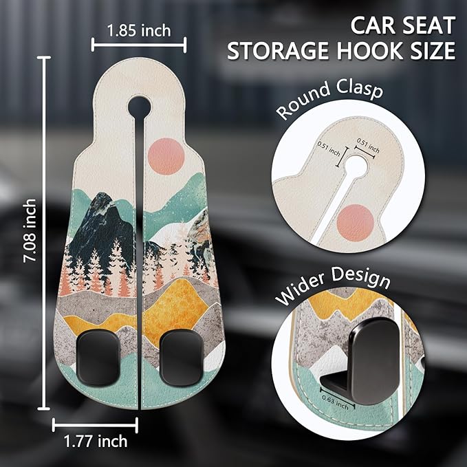 Blusabaca 2PCS Car Seat Back Storage Headrest Hooks, Sunrise Purse Holder Bags Hanger, PU Leather Double Metal Hook for Backseat Organizer, Women Car Accessories Organization
