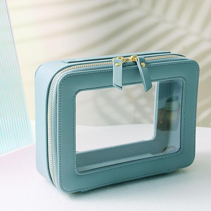 SANHECUN Toiletry bag waterproof cosmetic organizer with handle large opening for travelling (Blue)