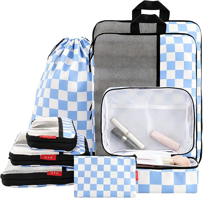 U+U 8 Set Compression Packing Cubes - Ultralight Travel Organizers with Laundry Bag and Cosmetic Bag, Space-Saving Suitcase Organizer for Travel, Business Trip and Family Vacation (Blue Checkered)