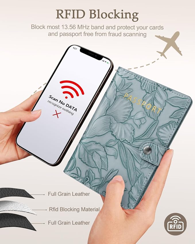 Slohif Floral Embossed Passport Wallet - Elegant Passport Wallet with AirTag Holder & RFID Blocking Slim Vegan Leather Passport Cover with Money Pocket and Card Slots Dusty Blue