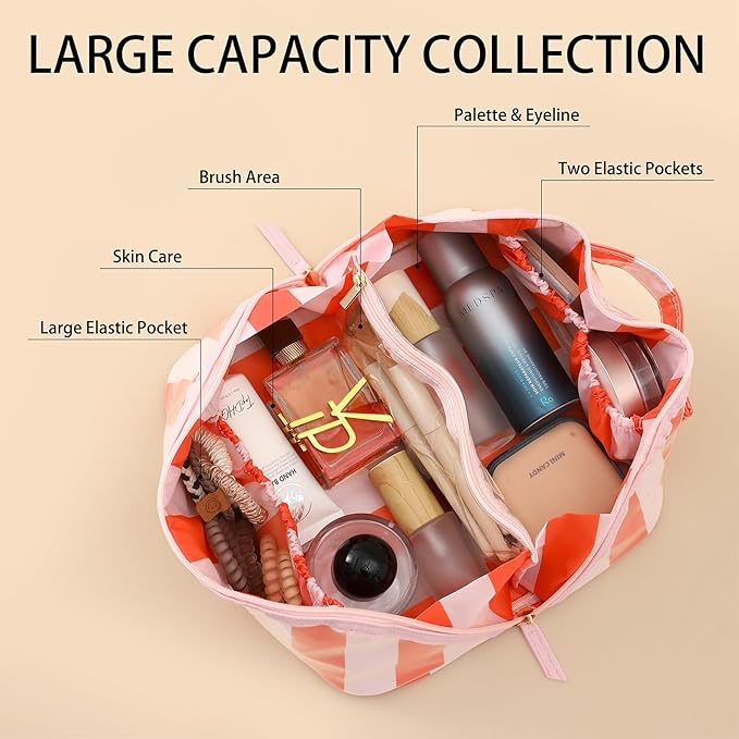 DYSHAYEN Stripe Travel Makeup Bag with Compartments Clear Coated Cosmetic Bag for Women, Waterproof Portable Open Flat Toiletry bag （Pink-Orange）