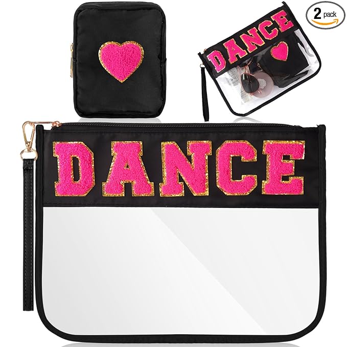 Hillban 2 Pcs Dance Recital Gifts for Teacher Christmas Clear Makeup Bag Chenille Letter Patch Cosmetic Bag Dance Competition Gift Toiletry Pouches with Zipper Waterproof Travel Purse Dancer Stuff